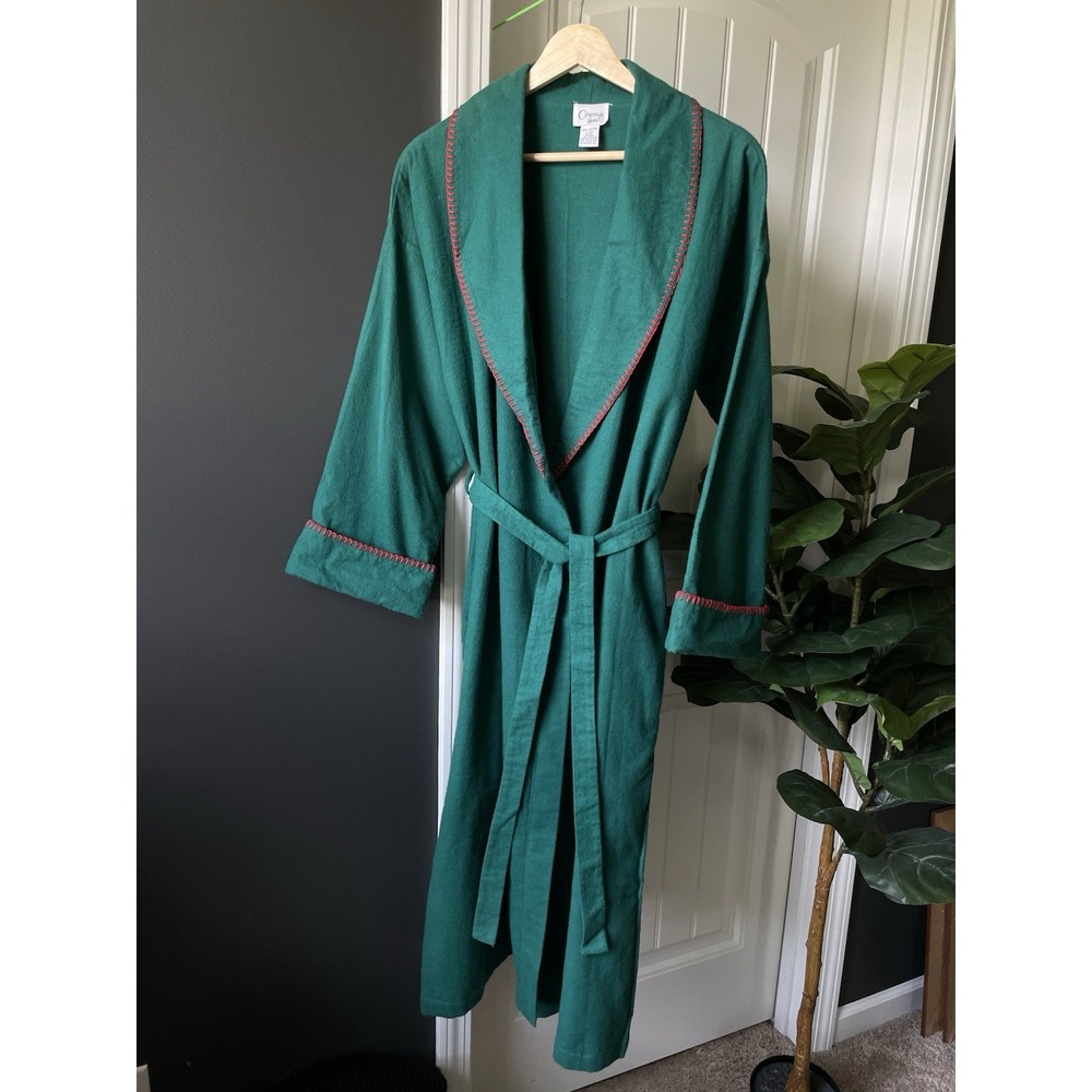 Vtg Cinema Etoile Holiday Robe Cabin Lounge 80s *Forest Green Red Blanket Stitch